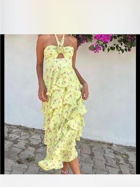 Wayf Floral Halter Ruffle Midi Dress in Light Yellow